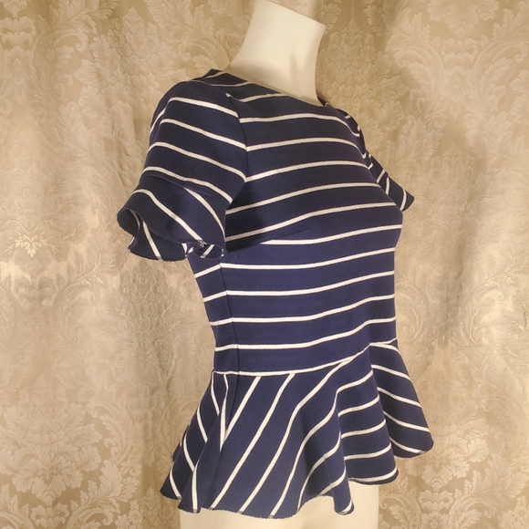 J. Crew Navy Blue & White Stripe Short Sleeve Peplum Waist Shirt - Picture 3 of 5